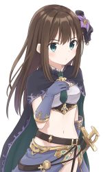 Rule 34 | 1girl, armor, belt, black ribbon, breastplate, breasts, brown hair, cape, closed mouth, flower, frown, gem, gloves, gold trim, green eyes, grey gloves, grey skirt, hair flower, hair ornament, hair ribbon, hand on own chest, highres, idolmaster, idolmaster cinderella girls, lily (flower), long hair, looking at viewer, midriff, navel, necktie, princess connect!, ribbon, serious, shibuya rin, sidelocks, simple background, skirt, small breasts, split skirt, standing, sword, weapon, white background, yazi114