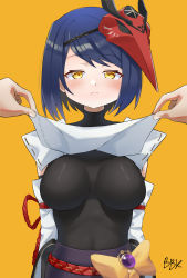 Rule 34 | 1girl, absurdres, bbk (bbkbebek7), bird mask, black hair, blush, breasts, closed mouth, genshin impact, highres, japanese clothes, kujou sara, large breasts, looking at viewer, mask, mask on head, purple eyes, short hair, simple background, solo, underboob, yellow background, yellow eyes