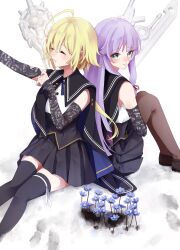 Rule 34 | 2girls, ahoge, amahara nue, amano soraha, aqua eyes, arm up, assault lily, back-to-back, banshouya ena, bare shoulders, black cape, black footwear, black skirt, black thighhighs, blonde hair, blue flower, blunt bangs, blunt ends, blush, brown pantyhose, buttons, cape, closed eyes, commentary request, detached sleeves, feet out of frame, flower, hair between eyes, hand up, highres, hugging own legs, knees up, lace sleeves, leg ribbon, long hair, long sleeves, looking at viewer, looking to the side, low ponytail, miniskirt, multiple girls, neck ribbon, outstretched arm, pantyhose, parted lips, planted, planted sword, planted weapon, pleated skirt, ponytail, purple hair, ribbon, school uniform, shirt, shoes, sidelocks, simple background, sitting, skirt, sleeveless, sleeveless shirt, sleeves past wrists, smile, sword, thigh ribbon, thighhighs, two-sided cape, two-sided fabric, underbust, very long hair, weapon, white background, white ribbon, white shirt, yurigaoka girls academy school uniform, zettai ryouiki