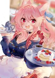 Rule 34 | 1girl, :d, absurdres, animal ears, apron, bare shoulders, blue jacket, blue ribbon, blueberry, blush, breasts, cake, cleavage, coffee, commentary request, cup, food, frilled apron, frills, fruit, hair between eyes, hair ribbon, highres, holding, holding tray, jacket, kawachi rin, long hair, looking at viewer, medium breasts, open mouth, original, pink hair, plaid, plaid skirt, plate, pleated skirt, ponytail, red eyes, red skirt, ribbon, saucer, sidelocks, skirt, smile, solo, strawberry, tray, waist apron, white apron