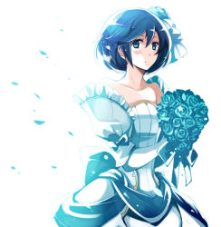 Rule 34 | 1girl, alternate costume, bare shoulders, blue eyes, blue flower, blue hair, blue rose, blush, blush stickers, bouquet, bubble skirt, catria (fire emblem), character request, detached sleeves, dress, fire emblem, fire emblem awakening, flower, frills, hair between eyes, hanokage, holding, looking at viewer, matching hair/eyes, narrow waist, nintendo, petals, puffy sleeves, rose, short hair, simple background, skirt, sleeveless, solo, white background