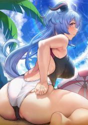 Rule 34 | 1girl, adjusting clothes, adjusting swimsuit, alternate breast size, ass, beach umbrella, blue hair, breasts, cloud, competition swimsuit, day, ganyu (genshin impact), genshin impact, highres, horns, large breasts, long hair, looking back, one-piece swimsuit, palm leaf, palm tree, partially visible vulva, purple eyes, sitting, solar (happymonk), solo, sun, swimsuit, tree, umbrella, wariza