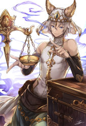 Rule 34 | 10s, 1boy, :3, animal ears, bag, balance scale, balancing, blue eyes, chain, closed mouth, cowboy shot, detached sleeves, erune, eyebrows, granblue fantasy, hair between eyes, halterneck, highres, jewelry, leaning to the side, looking at viewer, male focus, pointing, shao (granblue fantasy), simple background, sleeveless, smoke, solo, tenyo0819, turtleneck, veil, weighing scale, white background, white hair, xiao (granblue fantasy)