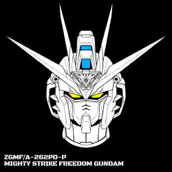 Rule 34 | black background, character name, check commentary, commentary request, english text, gundam, gundam seed, gundam seed freedom, highres, looking at viewer, mecha, mighty strike freedom gundam, no humans, portrait, robot, solo, spoilers, spot color, v-fin, xiphias (mmi-m15e), yellow eyes