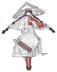Rule 34 | 1girl, adapted costume, ajirogasa, black hair, blunt bangs, braid, brown hat, buttons, capelet, cubism, dress, full body, harano kaguyama, hat, highres, looking at viewer, own hands together, palms together, red legwear, sandals, solo, standing, tiptoes, touhou, twin braids, white background, white dress, yatadera narumi, zouri