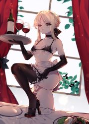 Rule 34 | 1girl, alcohol, artoria pendragon (all), artoria pendragon (alter swimsuit rider) (fate), artoria pendragon (alter swimsuit rider) (second ascension) (fate), artoria pendragon (fate), bare shoulders, bikini, bikini top only, black bikini, black bow, black footwear, black gloves, black thighhighs, blonde hair, bottle, bow, braid, breasts, bridal garter, choker, closed mouth, commentary, cowboy shot, cup, drinking glass, egg, elbow gloves, fate/grand order, fate (series), frilled bikini, frilled bikini top, frilled choker, frills, frown, glass, gloves, grey background, groin, hair bow, halterneck, high heels, highres, holding, holding tray, looking at viewer, maid, maid bikini, maid headdress, navel, rimsuk, saber alter, short hair, small breasts, solo, standing, sunny side up egg, swimsuit, table, thighhighs, tray, unconventional maid, v-shaped eyebrows, wine, wine bottle, wine glass, yellow eyes
