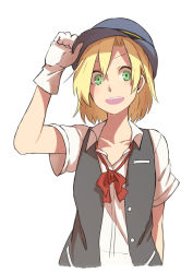 Rule 34 | 10s, 1girl, :d, adjusting clothes, adjusting headwear, blonde hair, blush, gloves, green eyes, hat, highres, kantai collection, maikaze (kancolle), neck ribbon, open clothes, open mouth, open vest, ribbon, school uniform, short hair, smile, solo, tsukamoto minori, vest, white background