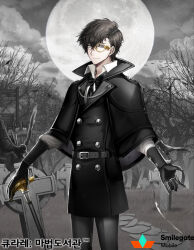 Rule 34 | 1boy, asymmetrical bangs, bare tree, belt, belt buckle, bird, black belt, black bow, black bowtie, black capelet, black gloves, black hair, black jacket, black pants, bow, bowtie, buckle, buttons, cane, capelet, carchet, chain, cloud, collared shirt, copyright name, cross, crossed bangs, crow, double-breasted, feet out of frame, full moon, gloves, graveyard, grey eyes, grey sky, hair between eyes, holding, holding cane, jacket, lapels, latin cross, light smile, long sleeves, looking at viewer, male focus, monocle, moon, official art, pants, pavement, qurare magic library, shirt, short hair, sky, solo, standing, tombstone, tree, well, white shirt