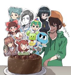 1boy 6+girls absurdres artist_self-insert beta_(inazuma_eleven) bianca_(pokemon_heroes) blunt_bangs brown_hair cake colored_skin commentary cookie_(touhou) crayon_shin-chan crayon_shin-chan:_chou_arashi_wo_yobu!_kinpoko_no_yuusha creatures_(company) doki_doki_literature_club drooling english_commentary food furry furry_female game_freak green_hoodie green_shirt grey_eyes hakurei_reimu hear_me_out_cake_(meme) highres hood hoodie hunter_x_hunter inazuma_eleven_(series) inazuma_eleven_go inazuma_eleven_go_chrono_stone inverted_cross_necklace long_hair mario_(series) mata_tami meme mimi_(paper_mario) monika_(doki_doki_literature_club) multiple_girls nicole_watterson nintendo open_mouth paper_mario pokemon pokemon_(anime) pokemon_(classic_anime) pokemon_heroes:_latios_&amp;_latias purple_eyes rurima_(cookie) shirt shizuku_murasaki simple_background smile sn_(zigzagspark6) sn_(zigzagspark6)_(character) super_paper_mario the_amazing_world_of_gumball touhou upper_body v-shaped_eyebrows white_background white_skin wii_fit wii_fit_trainer wii_fit_trainer_(female)