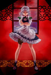 Rule 34 | 1girl, annoyed, apron, braid, cloud, cloudy sky, crossed arms, frilled apron, frilled skirt, frills, frown, hair ribbon, high heels, highres, holster, index finger raised, indoors, iyoui (dahi n), izayoi sakuya, legs apart, looking at viewer, maid headdress, petticoat, puffy short sleeves, puffy sleeves, red background, red eyes, ribbon, short hair, short sleeves, silver hair, skirt, skirt set, sky, solo, standing, tabi, touhou, tress ribbon, twin braids, waist apron, window