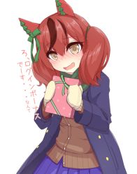 Rule 34 | 1girl, animal ears, blue coat, blush, box, brown sweater, coat, ear covers, gift, gift box, holding, holding gift, horse ears, kokko tofu, long sleeves, looking at viewer, mittens, multicolored hair, nice nature (umamusume), nose blush, open clothes, open coat, open mouth, purple skirt, red hair, simple background, skirt, solo, streaked hair, sweater, translation request, twintails, umamusume, upper body, wavy mouth, white background, yellow eyes