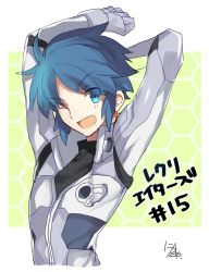 Rule 34 | 10s, 1boy, blue eyes, blue hair, bodysuit, green background, honeycomb background, kanoya rui, male focus, nikame, open mouth, pilot suit, re:creators, sidelocks, simple background, smile, solo, stretching, upper body