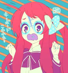 Rule 34 | 10s, 1girl, artist request, bandages, hair ornament, heart, heart in mouth, long hair, minamoto sakura, open mouth, polka dot, red eyes, red hair, scar on face, scar on forehead, school uniform, solo, third-party source, zombie, zombie land saga
