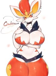 Rule 34 | 1girl, animal hands, arm under breasts, black choker, breasts, choker, cinderace, cleavage, creatures (company), ear piercing, furry, furry female, game freak, gen 8 pokemon, hand on own chest, heart, heart-shaped pupils, highres, huge breasts, inner sideboob, looking at viewer, medium hair, midriff, navel, nintendo, orange eyes, orange fur, orange hair, orange thighhighs, piercing, pokemon, pokemon (creature), rabbit ears, rabbit girl, rabbit tail, sideboob, symbol-shaped pupils, thick thighs, thighhighs, thighs, togetoge, white fur, wide hips
