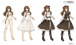 Rule 34 | 1girl, animal ears, artist name, barefoot, boots, bow, bra, breasts, brown hair, cat ears, cat girl, character sheet, cleavage, female focus, full body, hairband, kerchief, lansane, large breasts, long hair, long sleeves, looking at viewer, multiple views, navel, open mouth, original, outstretched arms, panties, pantyhose, shirt, sidelocks, simple background, skirt, smile, spread arms, standing, tachi-e, tsana (lansane), underwear, underwear only, variations, vest, white background, white panties, wristband, yellow eyes