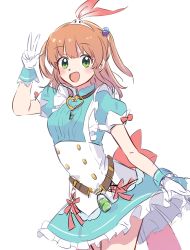 Rule 34 | 1girl, arm up, blush, cowboy shot, female focus, green eyes, highres, orange hair, princess connect!, rino (princess connect!), simple background, skirt, solo, standing, tagme, white background, yambuki0