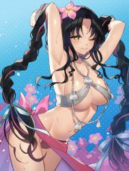 Rule 34 | 1girl, armpits, arms behind head, bare shoulders, bikini, black hair, blush, braid, breasts, cleavage, cowboy shot, facial mark, fate/grand order, fate (series), flower, forehead mark, hair flower, hair ornament, highres, jewelry, kan&#039;yu (citron 82), large breasts, lips, long hair, looking at viewer, necklace, one eye closed, parted lips, seductive smile, sessyoin kiara, sessyoin kiara (swimsuit mooncancer), sessyoin kiara (swimsuit mooncancer) (first ascension), smile, solo, swimsuit, tagme, teeth, twin braids, very long hair, wavy hair, wet, yellow eyes
