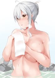 Rule 34 | 1girl, absurdres, ahoge, blush, breasts, brown eyes, collarbone, covering privates, covering breasts, dripping, hair between eyes, hair bun, hands up, highres, holding, holding towel, large breasts, nude, onsen, original, parted lips, partially submerged, sidelocks, single hair bun, solo, steam, towel, upper body, wang22255, water, wet, white hair, white towel