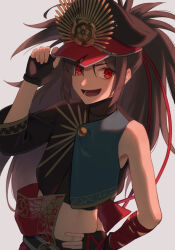 Rule 34 | asymmetrical clothes, crest, family crest, fate/grand order, fate (series), fiery hair, hair over one eye, hat, long hair, military hat, multiple persona, oda kippoushi (fate), oda nobunaga (fate), oda uri, peaked cap, ponytail, simple background, single sleeve, yzrh0