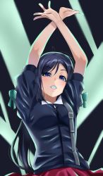 Rule 34 | 1girl, arms up, blue jacket, cowboy shot, arms up, hands up, highres, igarashi kyouhei, jacket, long hair, looking at viewer, love live!, love live! sunshine!!, matsuura kanan, open mouth, purple eyes, purple hair, red skirt, short sleeves, skirt, solo, standing, x arms
