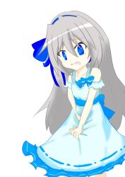 Rule 34 | 1girl, back bow, bare shoulders, between legs, blue bow, blue dress, blue eyes, blue hairband, blush, bow, collarbone, cowboy shot, daifuku (daifuku kosiann), dress, embarrassed, female focus, flat chest, frilled dress, frills, grey hair, hair between eyes, hair bow, hairband, hand between legs, have to pee, highres, long hair, nose blush, open mouth, original, sash, simple background, solo, standing, tears, v arms, wavy mouth, white background