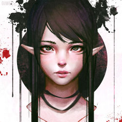 Rule 34 | 1girl, artist name, black hair, blood, blood splatter, blush, closed mouth, elf, expressionless, facepaint, facial mark, green eyes, guweiz, lips, long hair, looking at viewer, nose blush, original, pointy ears, red pupils, sidelocks, simple background, solo, splatter, swept bangs, upper body, white background