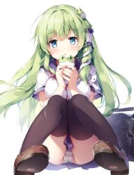 Rule 34 | 1girl, alternate costume, ass, bag, black thighhighs, blue eyes, blue sailor collar, blue skirt, blush, breasts, brown footwear, cellphone, commentary request, contemporary, frog hair ornament, green hair, hair ornament, hair tubes, holding, holding phone, knees up, kochiya sanae, large breasts, loafers, long hair, looking at viewer, miyase mahiro, neckerchief, panties, parted lips, phone, red neckerchief, sailor collar, school bag, school uniform, serafuku, shoes, short sleeves, sidelocks, simple background, sitting, skirt, smartphone, snake hair ornament, solo, striped clothes, striped panties, thighhighs, thighs, touhou, underwear, white background