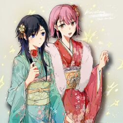 Rule 34 | 2girls, black hair, black nails, blue eyes, blue hair, blue kimono, brown eyes, candy, candy apple, closed mouth, commentary, earrings, fang, food, hair ornament, hand up, hashtag-only commentary, highres, holding, holding candy, holding food, japanese clothes, jewelry, kimono, kororon (song), long sleeves, looking at another, multicolored hair, multiple girls, obi, open mouth, pink hair, pink nails, red kimono, sash, short hair, skin fang, smile, stole, streaked hair, upper body, ushio0104