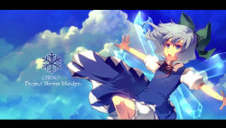 Rule 34 | 1girl, bloomers, blue dress, blue eyes, blue hair, blue theme, bow, character name, cirno, cloud, copyright name, day, dress, floating hair, hair bow, ice, ice wings, letterboxed, lowres, matching hair/eyes, outstretched arms, ribbon, shoot the bullet, short hair, short sleeves, sky, snowflakes, solo, spread arms, sunakumo, touhou, underwear, wings