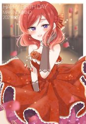 Rule 34 | 1girl, artist name, artist request, bare shoulders, black gloves, blush, bow, breasts, cleavage, collarbone, dress, earrings, female focus, flower, flower earrings, frilled dress, frills, gloves, hair between eyes, hair ribbon, indoors, jewelry, looking at viewer, love live!, love live! school idol festival, love live! school idol festival all stars, love live! school idol project, necklace, nishikino maki, pearl necklace, petals, pink petals, playing with own hair, purple eyes, red bow, red dress, red hair, red skirt, ribbon, rose, short hair, skirt, sleevesless, sleevesless dress, small breasts, solo, sparkle, strapless, strapless dress, striped, striped bow, window
