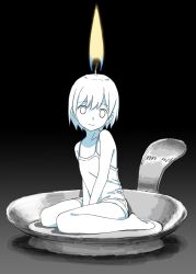 Rule 34 | 1girl, absurdres, barikios, between legs, black background, burning, camisole, candle, closed mouth, colored skin, gradient background, hand between legs, highres, looking at viewer, original, personification, short hair, sitting, solid circle eyes, solo, white hair, white skin, yokozuwari