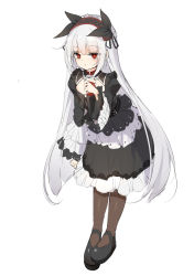 Rule 34 | 1girl, absurdres, black dress, black footwear, black ribbon, brown pantyhose, chixiao, dress, frills, full body, gothic lolita, hair between eyes, hair ribbon, hand up, highres, holding, juliet sleeves, leaning forward, lolita fashion, long hair, long sleeves, looking at viewer, mary janes, original, pantyhose, parted lips, puffy sleeves, red eyes, ribbon, shoes, simple background, solo, standing, very long hair, white background, white hair, wide sleeves