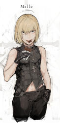 Rule 34 | 1boy, absurdres, bare shoulders, black gloves, black pants, blonde hair, candy, chocolate, chocolate bar, cropped legs, cross, cross necklace, death note, eating, food, gloves, hand in pocket, highres, hiranko, jewelry, long hair, looking at viewer, male focus, mello (death note), mouth hold, navel, necklace, pants, smile, solo, vest