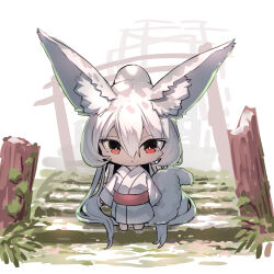Rule 34 | 1girl, absurdly long hair, animal ear fluff, animal ears, chibi, closed mouth, commentary request, fox ears, fox girl, fox tail, hair between eyes, highres, japanese clothes, kimono, long hair, long sleeves, looking at viewer, original, ponytail, red eyes, simple background, sleeves past wrists, solo, stairs, standing, tail, torii, very long hair, white background, white hair, white kimono, wide sleeves, yuuji (yukimimi)