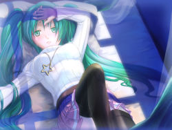 Rule 34 | 1girl, aqua eyes, aqua hair, artist request, crying, feathers, hatsune miku, hayosena, jewelry, long hair, lying, necklace, on back, pleated skirt, ribbed sweater, skirt, solo, sweater, tears, thighhighs, turtleneck, twintails, vocaloid