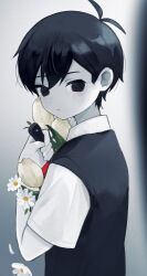 Rule 34 | 1boy, black eyes, black hair, black sweater vest, cb ge000, closed mouth, collared shirt, colored skin, expressionless, highres, holding, holding knife, knife, looking at viewer, male focus, omori, omori (omori), shirt, short hair, short sleeves, solo, sweater vest, white shirt, white skin