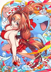 Rule 34 | 1girl, :3, :d, animal ears, antenna hair, bikini, breasts, brown hair, bubble, creatures (company), crossover, daiwa scarlet (trifle vacation) (umamusume), daiwa scarlet (umamusume), fang, from behind, game freak, gen 2 pokemon, hair bobbles, hair intakes, hair ornament, highres, horse ears, horse girl, horse tail, large breasts, long hair, looking at viewer, low twintails, making-of available, nabe puyo, nail polish, nintendo, official alternate costume, open mouth, petals, poke ball, pokemon, pokemon (creature), quagsire, red bikini, red eyes, rose petals, skin fang, smile, swimsuit, tail, twintails, umamusume