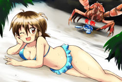 Rule 34 | 1990s (style), 1girl, ahoge, arm support, bandages, beach, bikini, blue bikini, blush, breasts, brown hair, cleavage, collarbone, colt (monster farm), crab, giant enemy crab, horns, looking at viewer, lying, monster farm, n36hoko, navel, on side, one eye closed, palm tree, red eyes, short hair, single horn, sloth beetle, swimsuit, tree, trembling, wet, x x