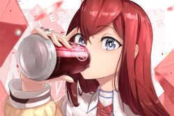 Rule 34 | 1girl, absurdres, can, dark red hair, dr pepper, drink can, drinking, eriott, highres, holding, holding can, lab coat, long hair, looking at viewer, makise kurisu, necktie, pixiv username, purple eyes, red necktie, soda, soda can, solo, steins;gate, upper body