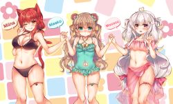 Rule 34 | 2girls, 3girls, :&lt;, :d, ;q, ahoge, animal ears, aqua bow, aqua eyes, aqua one-piece swimsuit, aqua ribbon, bare arms, bare shoulders, bear ears, bear girl, bikini, bikini top only, blush, bow, bow bikini, breasts, brown hair, cameltoe, casual one-piece swimsuit, cat ears, cat girl, cat hair ornament, cat tail, character name, cleavage, closed mouth, clothing cutout, collarbone, commentary request, criss-cross halter, ears down, fingernails, frilled bikini, frilled bikini top, frilled swimsuit, frills, gluteal fold, hair between eyes, hair bow, hair ornament, hair ribbon, hair rings, hairclip, halterneck, hand up, hands up, heart, heart-shaped pupils, heart ahoge, holding hands, interlocked fingers, knees together feet apart, large breasts, leg ribbon, legs apart, lineup, long hair, looking at viewer, low-tied long hair, m/, multicolored background, multiple girls, navel, navel cutout, nose blush, o-ring, o-ring bottom, o-ring top, one-piece swimsuit, one eye closed, open mouth, orange eyes, original, out of frame, pink bikini, pink bow, pink eyes, pink ribbon, polka dot, polka dot bow, rabbit ears, rabbit girl, rabbit tail, red hair, ribbon, sarong, see-through, shiny skin, sidelocks, silver hair, small breasts, smile, speech bubble, standing, stomach, strap gap, suzunone rena, swimsuit, symbol-shaped pupils, tail, thigh gap, thigh ribbon, tongue, tongue out, very long hair, w, white background, x hair ornament, yellow bow, yellow ribbon