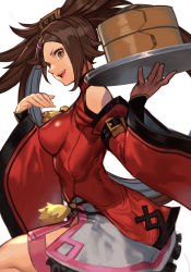 Rule 34 | 1girl, baozi, bare shoulders, breasts, brown eyes, brown hair, chinese clothes, detached sleeves, food, from side, guilty gear, guilty gear xrd, hair ornament, hairclip, holding, hungry clicker, kuradoberi jam, large breasts, leg up, long hair, looking at viewer, looking to the side, open mouth, simple background, skin tight, skirt, smile, solo, thigh strap, thighs, tray, very long hair, white background, wide sleeves
