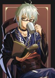 Rule 34 | 1boy, ahoge, black sleeves, black tabard, blue kimono, book, brown eyes, collarbone, cup, drinking, expressionless, glasses, gyouza (mhea5724), highres, holding, holding book, holding cup, japanese clothes, kimono, layered sleeves, male focus, morichika rinnosuke, on chair, open book, sitting, solo, tabard, touhou, white hair, wide sleeves