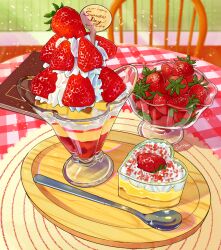 Rule 34 | chair, dessert, food, food focus, fruit, highres, ice cream, indoors, miri illust, no humans, notebook, original, spoon, strawberry, table, tray, whipped cream, wooden chair, wooden tray