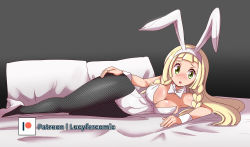 Rule 34 | 1girl, absurdres, animal ears, blonde hair, blush, braid, breasts, cleavage, covered navel, creatures (company), fake animal ears, game freak, green eyes, highres, indoors, large breasts, leotard, lillie (pokemon), long hair, looking at viewer, lucyfer, lying, nintendo, on bed, on side, open mouth, pantyhose, patreon username, pillow, playboy bunny, pokemon, pokemon sm, rabbit, rabbit ears, rabbit girl, solo, thighs, twin braids