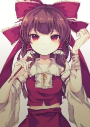 Rule 34 | 1girl, bandaged arm, bandages, bare shoulders, bow, breasts, brown hair, closed mouth, commentary request, cowboy shot, cuts, detached sleeves, frilled hair tubes, frills, hair bow, hair tubes, hakurei reimu, holding, holding pen, injury, joou heika (precare deum), long hair, looking at viewer, pen, red bow, red eyes, red skirt, red vest, self-harm, simple background, skirt, small breasts, smile, solo, touhou, vest, white background