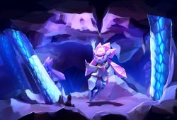 Rule 34 | cave interior, commentary, creatures (company), diancie, full body, game freak, gen 6 pokemon, highres, legendary pokemon, likey, looking up, mythical pokemon, nintendo, no humans, outstretched arms, pokemon, pokemon (creature), purple eyes, stalactite, stalagmite
