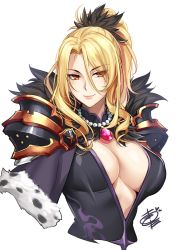 Rule 34 | 1girl, armor, artist request, blonde hair, breasts, christina (princess connect!), cleavage, fur trim, gem, highres, jewelry, large breasts, long hair, looking at viewer, necklace, orange eyes, pauldrons, pearl necklace, ponytail, princess connect!, princess connect!, shoulder armor, signature, simple background, smile, solo, upper body, white background