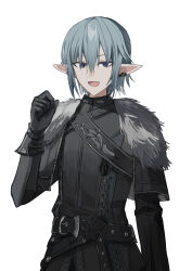 Rule 34 | 1boy, :d, black capelet, black gloves, black jacket, blue eyes, capelet, chihuri, final fantasy, final fantasy xiv, gloves, grey hair, hair between eyes, hand up, haurchefant greystone, highres, jacket, long sleeves, looking at viewer, male focus, open mouth, pointy ears, simple background, smile, solo, white background