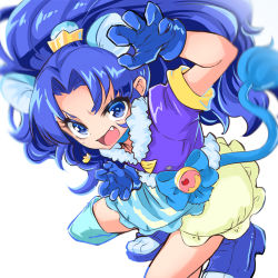 Rule 34 | 10s, 1girl, :d, animal ears, blue eyes, blue footwear, blue gloves, blue hair, blue neckwear, blue shirt, blue skirt, blue theme, blue thighhighs, cat ears, cat tail, claw pose, cure gelato, extra ears, fang, frilled skirt, frills, gloves, kirakira precure a la mode, layered skirt, lion ears, lion tail, long hair, looking at viewer, magical girl, open mouth, parted bangs, paw pose, precure, shirt, shoes, single thighhigh, skirt, smile, solo, squatting, tail, tategami aoi, thighhighs, wagashi (yokotejn), white background, white skirt