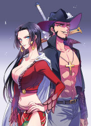 Rule 34 | 1boy, 1girl, abs, beard, black hair, blue eyes, boa hancock, commentary request, cross, cross necklace, dracule mihawk, earrings, facial hair, hat, hat feather, highres, jewelry, kitami (crotti), latin cross, long hair, looking at viewer, mustache, navel, necklace, one piece, open clothes, short hair, sideburns, snake earrings, sword, sword behind back, teeth, weapon, yellow eyes, yoru (sword)